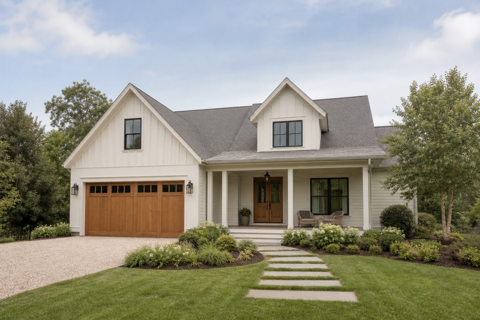 A tidy residential house exterior with well-kept yard and clear entry